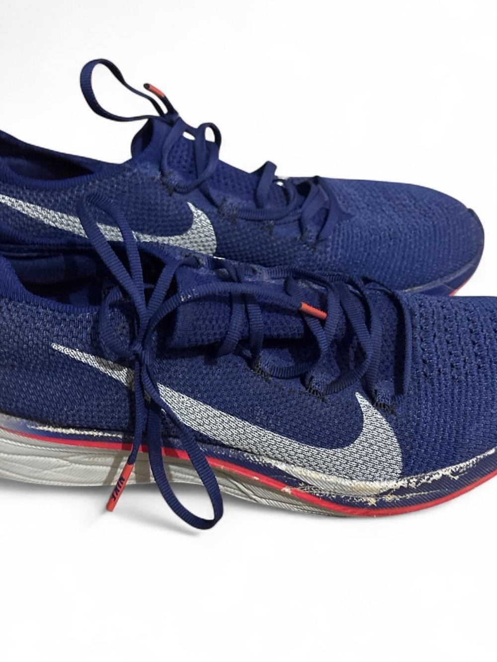 Nike Men’s Navy and White Flyknit Running Shoes with Red Accent
